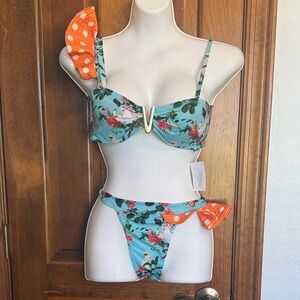 Floral Bikini Set in Blue and Orange